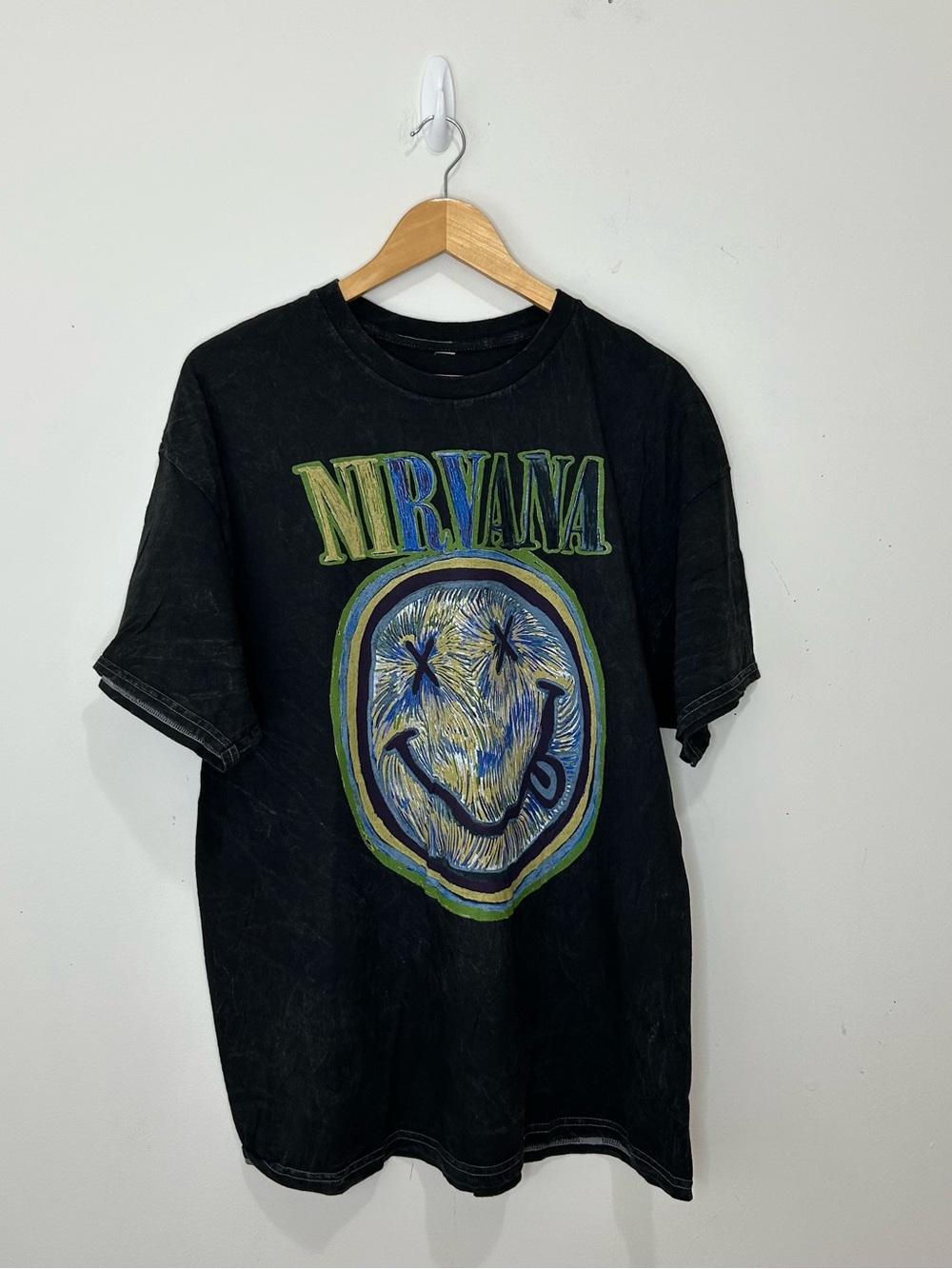 Nirvana Smiley Face Graphic T-Shirt, Black Rock & Pop Music Tee, XL